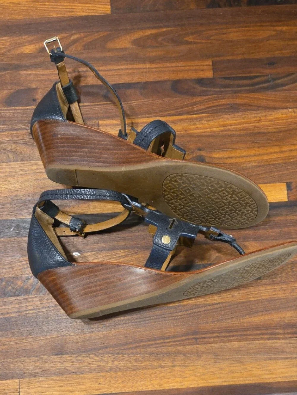 Tory Burch Black Leather Logo T-Strap Sandals with Tan Footbed